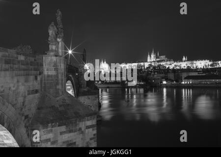 PRAGUE, CZECH REPUBLIC - JULY 7, 2017: Night view of the Charles Bridge and Hradcany - the Prague Castle, Historic Centre of Prague Stock Photo