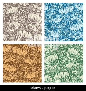 Set of Four Hand drawn floral seamless patterns. Vector illustration. Stock Vector