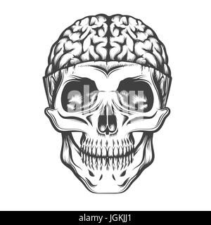 Human Skull with open brain. Vector illustration in tattoo style. Stock Vector