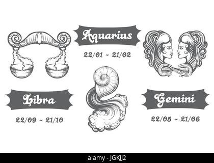 Set of Air Zodiac signs. Libra Aquarius and Gemini drawn in engraving style. Vector illustration.