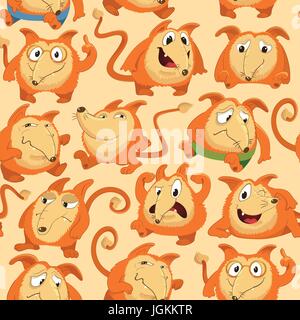 Seamless pattern with funny fox expressing various emotions in different poses. Happy, angry, smart, sad, cunning cartoon character against orange background. Vector illustration for wrapping paper. Stock Vector