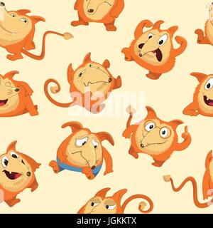 Seamless pattern with cute fox in different moods. Laughing, sad, smiling, suspicious, cheerful and furious cartoon animal against yellow background. Vector illustration for wallpaper, fabric print. Stock Vector