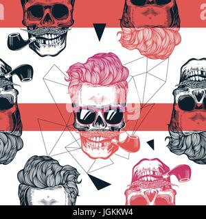 Kitschy seamless pattern, human skulls with hipster hairstyle, stylish sunglasses, mustache and tobacco pipe against geometric outline and horizontal red stripes on background. Vector illustration. Stock Vector