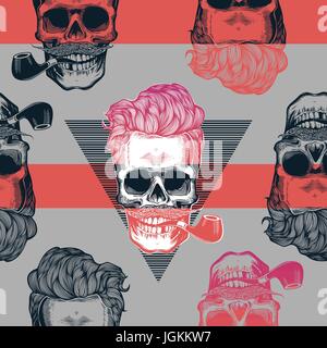 Seamless pattern in pop art style with skeleton heads wearing cool sunglasses, hairstyle, mustache and smoking tobacco pipes against triangle and purple stripes on background. Vector illustration. Stock Vector