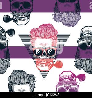 Seamless pattern in pop art style with skeleton heads wearing cool sunglasses, hairstyle, mustache and smoking tobacco pipes against triangle and purple stripes on background. Vector illustration. Stock Vector