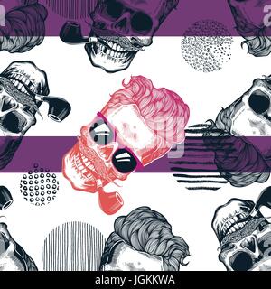 Grungy seamless pattern with human skulls wearing trendy sunglasses, mustache and smoking tobacco pipes against circles of different textures and purple stripes on background. Vector illustration. Stock Vector