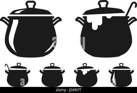 Pot with lid, pan of soup silhouette. Cooking, cuisine, cookery, culinary art, kitchen icon or logo. Vector illustration Stock Vector