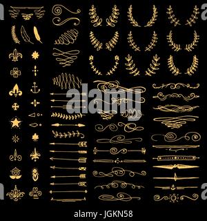 Huge pack or set engraved hand drawn in old or antique sketch style, vintage flourishes calligraphic design elements decorations. logo or emblems, retro label and badge. ornaments and monograms. Stock Vector