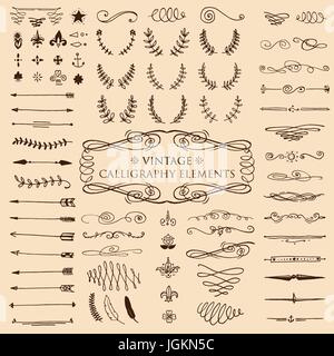 Huge pack or set engraved hand drawn in old or antique sketch style, vintage flourishes calligraphic design elements decorations. logo or emblems, retro label and badge. ornaments and monograms. Stock Vector