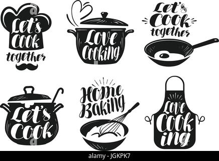 Cooking, cookery, cuisine label set. Cook, chef, kitchen utensils icon or logo. Handwritten lettering, calligraphy vector illustration Stock Vector