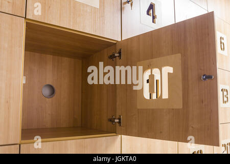 Wooden storage box in the gym with number ten Stock Photo