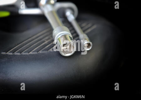Close-up tools kit detail on auto background Stock Photo