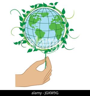 Human hand holding the Green Planet Earth, ecology conceptual vector illustration Stock Vector
