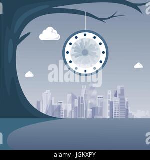 Clock Hanging On Tree Over Modern City View Time Concept Stock Vector