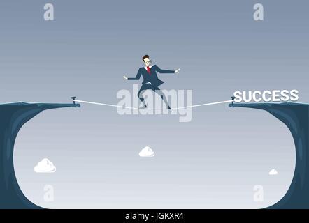 Businessman Walk Over Cliff Gap Mountain To Success Business Man Balancing On Rope Stock Vector
