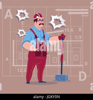 Cartoon Builder Holding Big Hammer Construction Worker Over Abstract Plan Background Male Workman Stock Vector