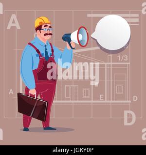 Cartoon Builder Holding Megaphone Making Announcement Construction Worker Over Abstract Plan Background Male Workman Stock Vector