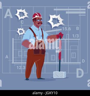 Cartoon African American Builder Holding Big Hammer Construction Worker Over Abstract Plan Background Male Workman Stock Vector