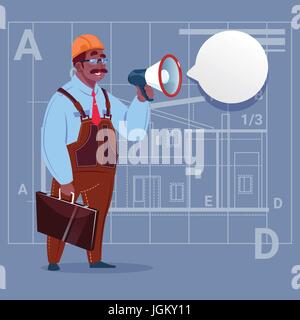 Cartoon African American Builder Holding Megaphone Making Announcement Construction Worker Over Abstract Plan Background Male Workman Stock Vector