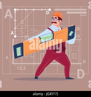 Cartoon Builder Holding Carpenter Level Wearing Uniform And Helmet Construction Worker Over Abstract Plan Background Stock Vector
