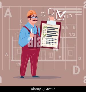 Cartoon Builder Carpenter Hold Checklist Construction Worker Over Abstract Plan Background Stock Vector