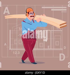 Cartoon Builder Holding Planks Wearing Uniform And Helmet Construction Worker Over Abstract Plan Background Stock Vector