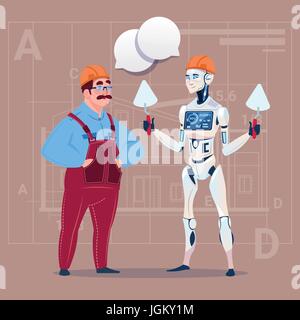 Cartoon Builder Working With Robot Holding Spatula Modern Building Technology Concept Stock Vector