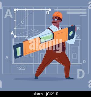 Cartoon African American Builder Holding Carpenter Level Wearing Uniform And Helmet Construction Worker Over Abstract Plan Background Stock Vector