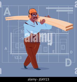 Cartoon African American Builder Holding Planks Wearing Uniform And Helmet Construction Worker Over Abstract Plan Background Stock Vector