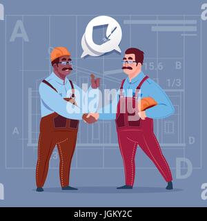 Two Mix Race Builders Shaking Hands Agreement Concept Cartoon Business Man Workman Cooperation Stock Vector