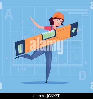 Cartoon Woman Builder Holding Carpenter Level Wearing Uniform And Helmet Construction Worker Over Abstract Plan Background Stock Vector