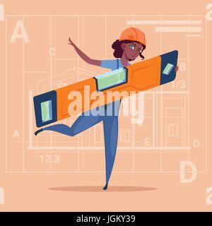 Cartoon Woman Builder Holding Carpenter Level Wearing Uniform And Helmet African American Construction Worker Over Abstract Plan Background Stock Vector