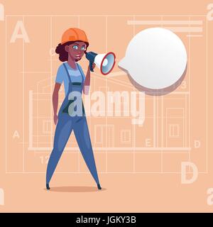 Cartoon Female Builder Holding Megaphone Making Announcement African American Construction Worker Over Abstract Plan Background Stock Vector
