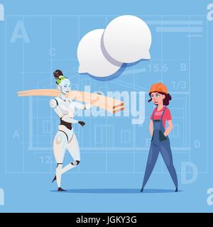 Cartoon Female Builder Working With Robot Carry Planks Modern Building Technology Concept Stock Vector