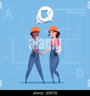 Two Mix Race Female Builders Shaking Hands Agreement Concept Cartoon Business Women Cooperation Stock Vector