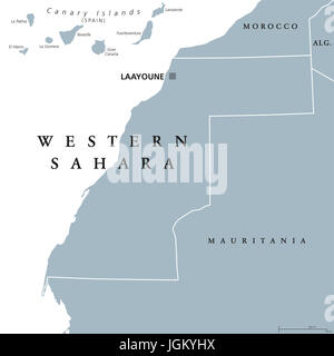 Western Sahara political map with capital Laayoune. Disputed, partially Moroccan occupied territory in Maghreb region of North Africa. Stock Photo