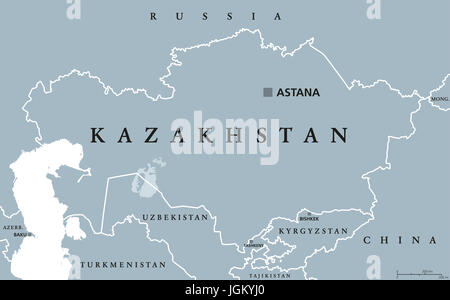 Kazakhstan political map with capital Astana. Republic. Transcontinental country in northern Central Asia and Eastern Europe. Gray illustration. Stock Photo