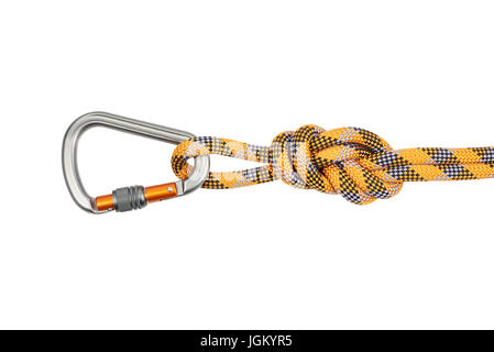Carabiner with rope isolated on white background Stock Photo