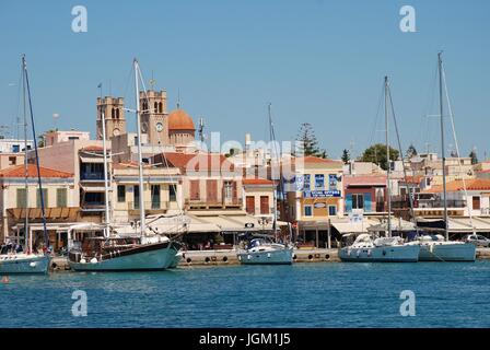 Boats moored in the harbour at Aegina Town on the Greek island of Aegina on April 26, 2017. Stock Photo