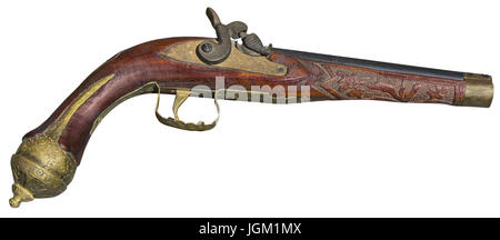 Vintage antique flintlock pistol isolated on white background Stock Photo