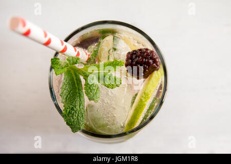 Gin tonic cocktail with lime, red fruit ice and mint, white background. Close up detail Stock Photo