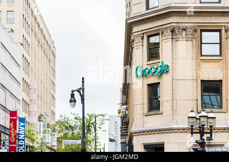 Montreal, Canada - May 26, 2017: Green Google sign on building in downtown city in Quebec region Stock Photo