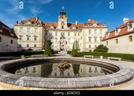 Baroque Castle Valtice Chateau fountain in courtyard Czech Republic Moravia Stock Photo