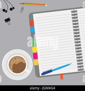 Empty paper with coffee and notes on desk  with copy space, top view, vector illustration. Stock Vector