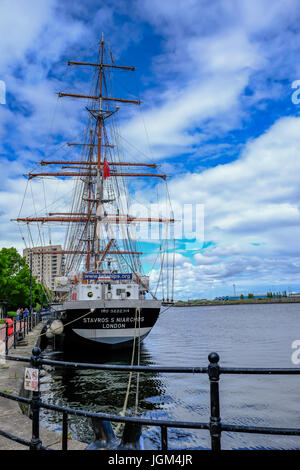 Cardiff Bay, Wales - May 21, 2017: Stavros S Niarchos, Tall Ship Training ship moored near the barrage at Cardiff Bay on a bright early summer's day. Stock Photo