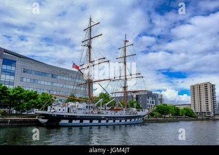 Cardiff Bay, Wales - May 21, 2017: Stavros S Niarchos, Tall Ship Training ship moored near the barrage at Cardiff Bay, side view. Stock Photo