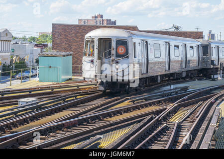 Multiple subway tracks coming into the large Stillwell Avenue Station, the end of the line, at Coney Island, Brooklyn, NY. Stock Photo