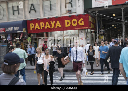 Popular Papaya Dog stand on 5th Avenue at 33rd Street in Manhattran, NYC. Stock Photo