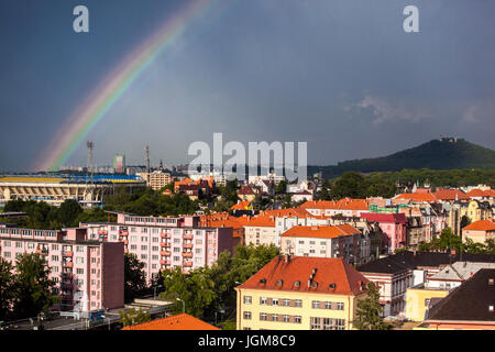 Rainbow over city Teplice, North Bohemia, Czech Republic, Europe Stock Photo