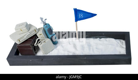 Suitcases and Golf Clubs and Flag in an Enclosed Sand Pit - Path included Stock Photo